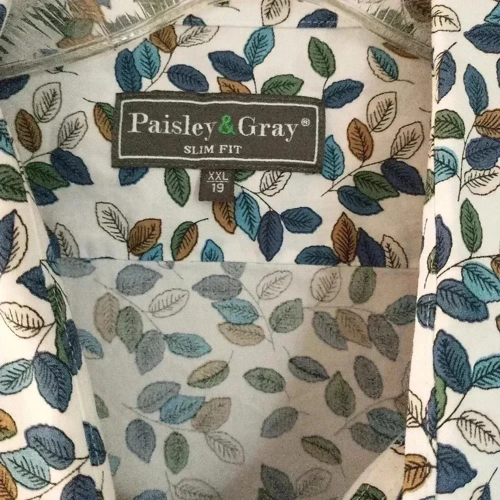 Men's Paisley & Gray Button Down Shirt with Leaves Size 19 XXL Slim Fit - Picture 5 of 8